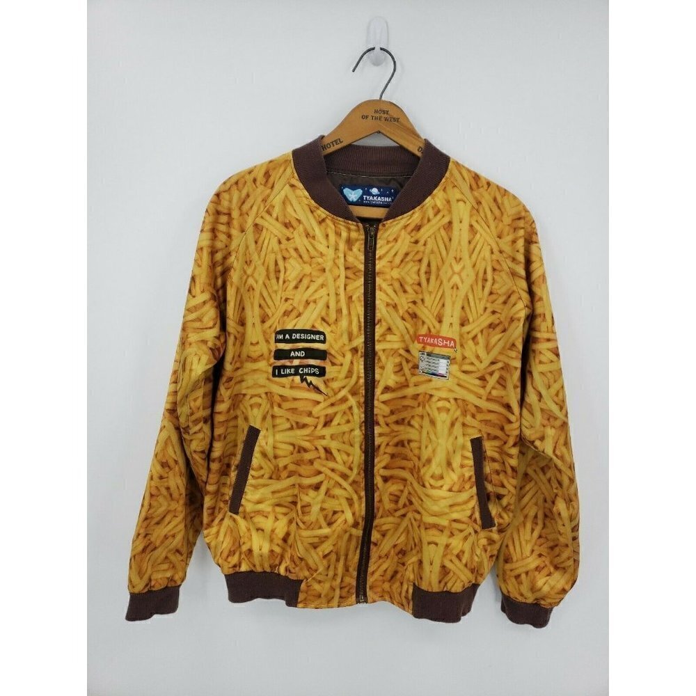 Tyakasha Bomber Jacket  Womens Medium I Like Chips French Fries Satin
